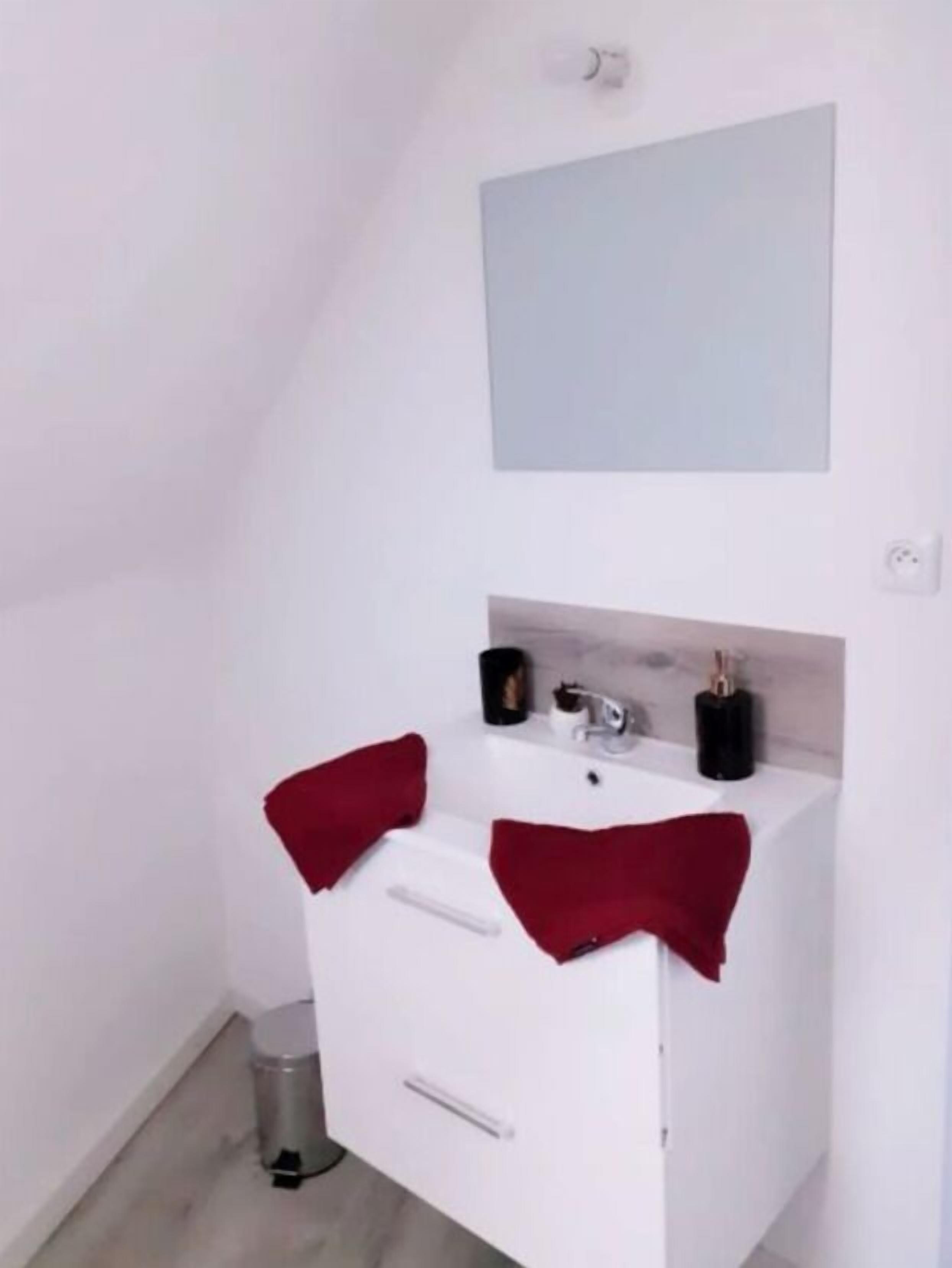 A small, white bathroom with a single sink, a mirror above it, and a trash can to the left.