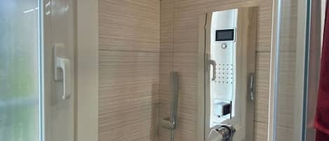 Regadera, secadora de cabello, bidet, toallas