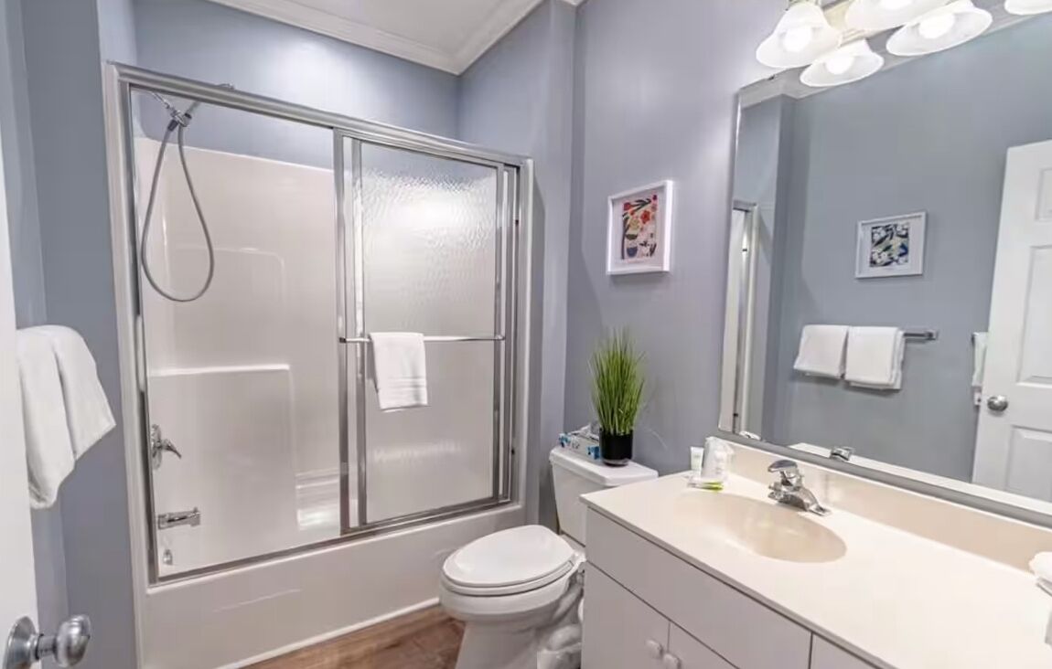Shower, towels, soap, shampoo