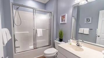 Shower, towels, soap, shampoo