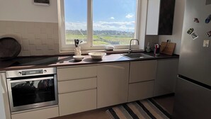 Una cucina moderna con forno integrato, un lavello doppio e un'ampia finestra con vista sulla campagna.