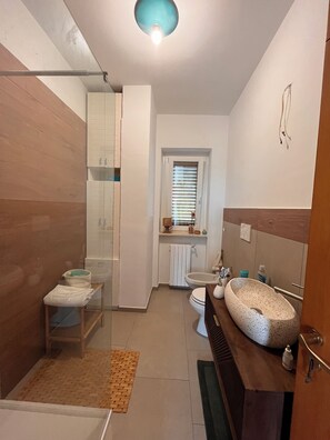 Regadera, secadora de cabello, bidet, toallas 