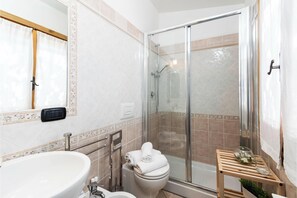 Shower, bidet, towels, soap