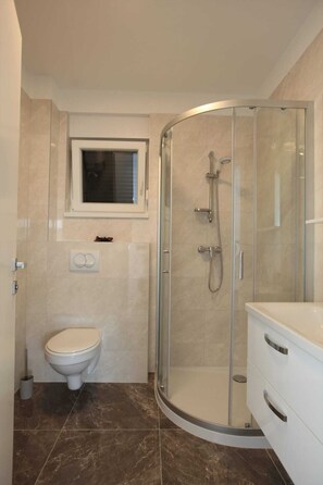 Hair dryer, towels, soap, toilet paper
