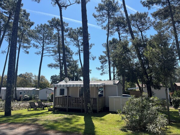 Una casa móvil con terraza y antena parabólica, rodeada de altos pinos.