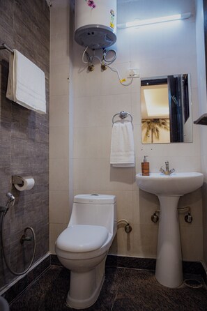 Bidet, towels, soap, toilet paper