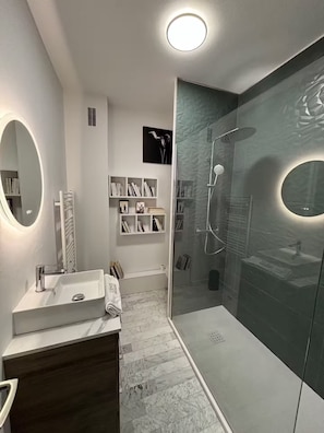 Shower, towels, toilet paper