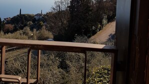 A view from a balcony overlooking a lake, with houses and trees in the background. - Antico Fienile Belvedere (Gardone Riviera)