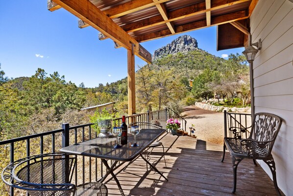 Outdoor dining - Thumbe Butte Vacation Rental | 2-BR Chalet in the Mtns, Pup Friendly, Prescott | Incredible Mtn Views • 5min to Wsky Row (Prescott)