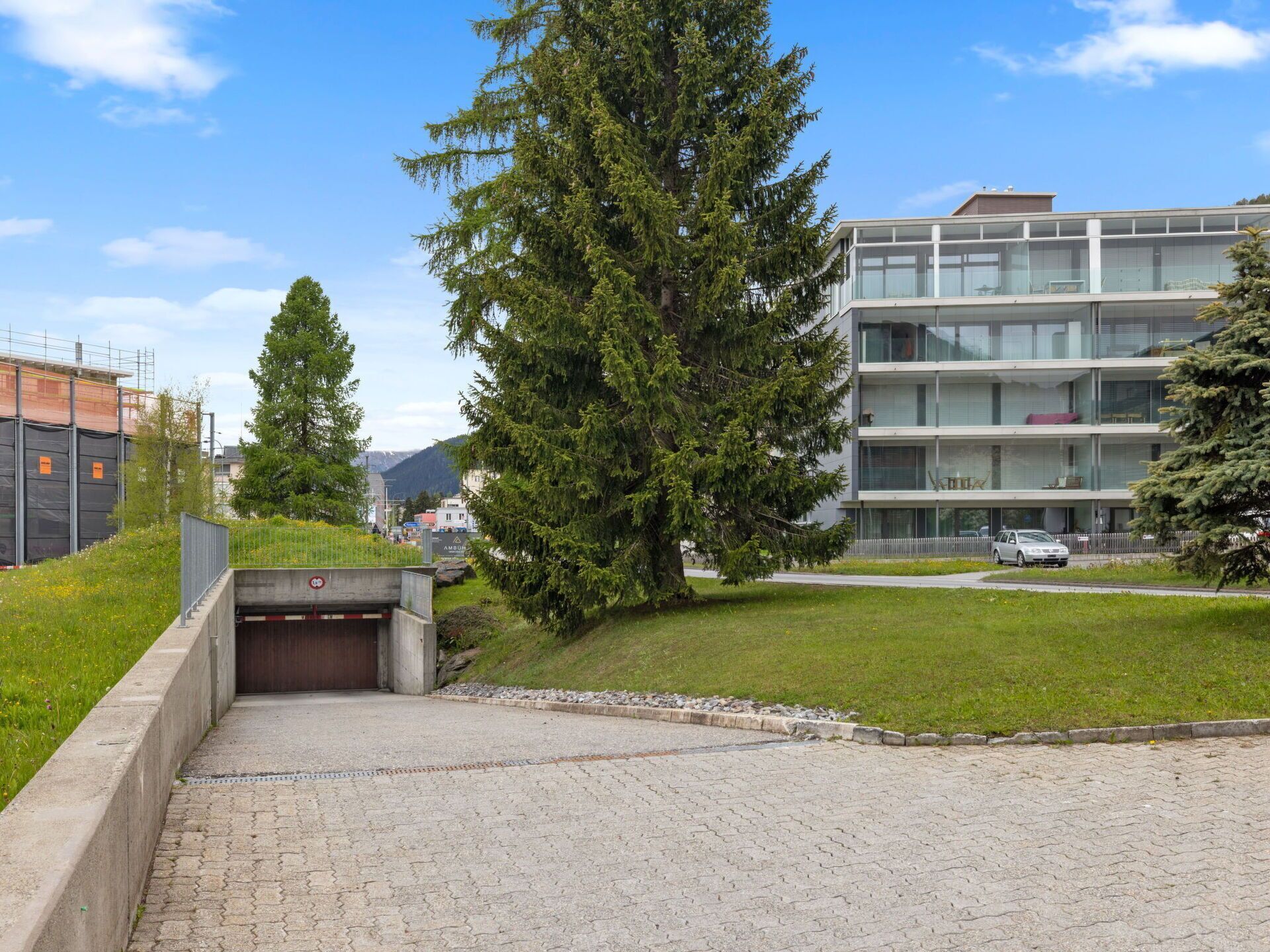 A modern building with multiple floors, a paved driveway, and a large evergreen tree in the foreground.