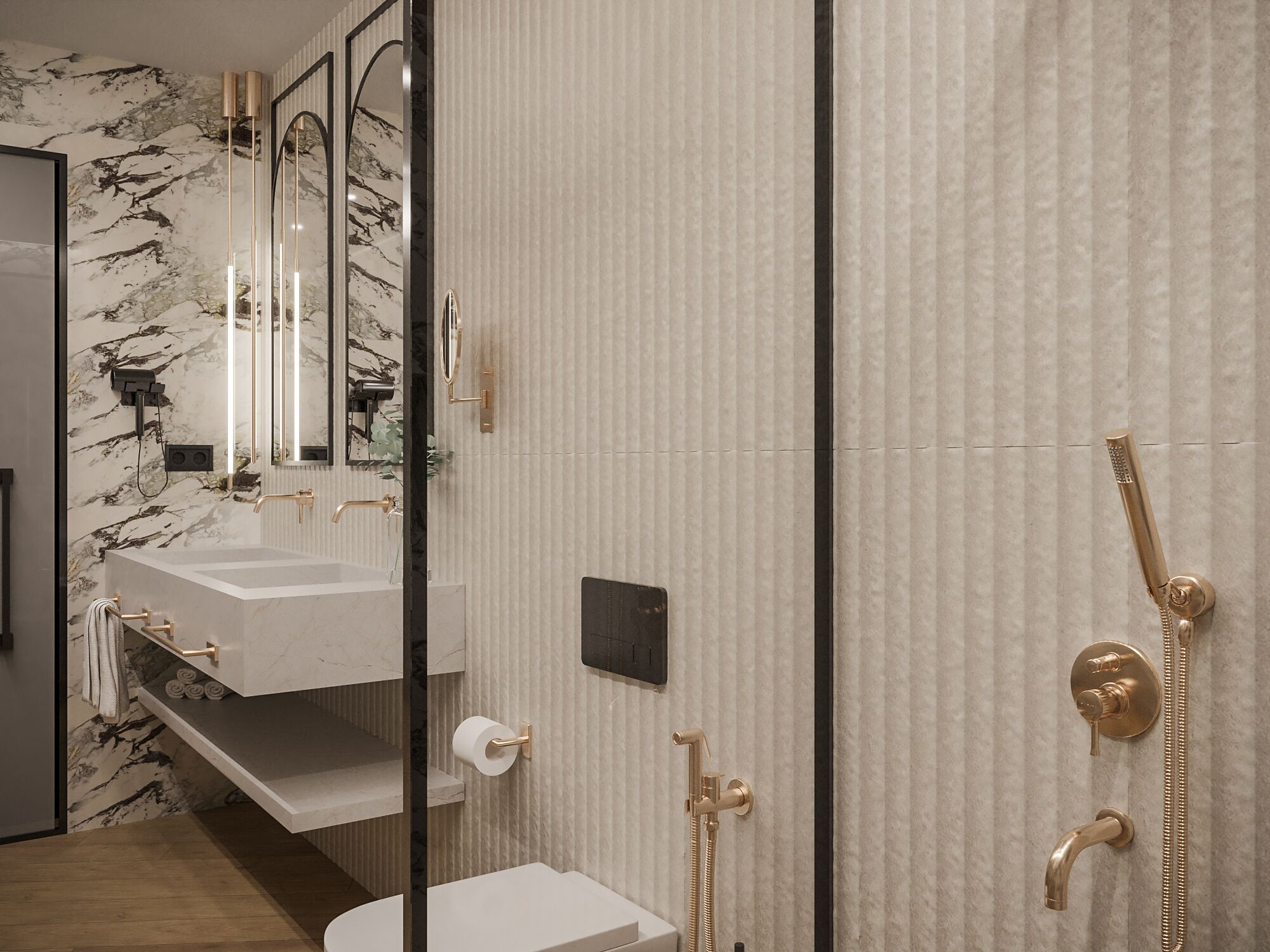 Un baño moderno con salpicadero de mármol, tocador con espejo y ducha con detalles dorados.