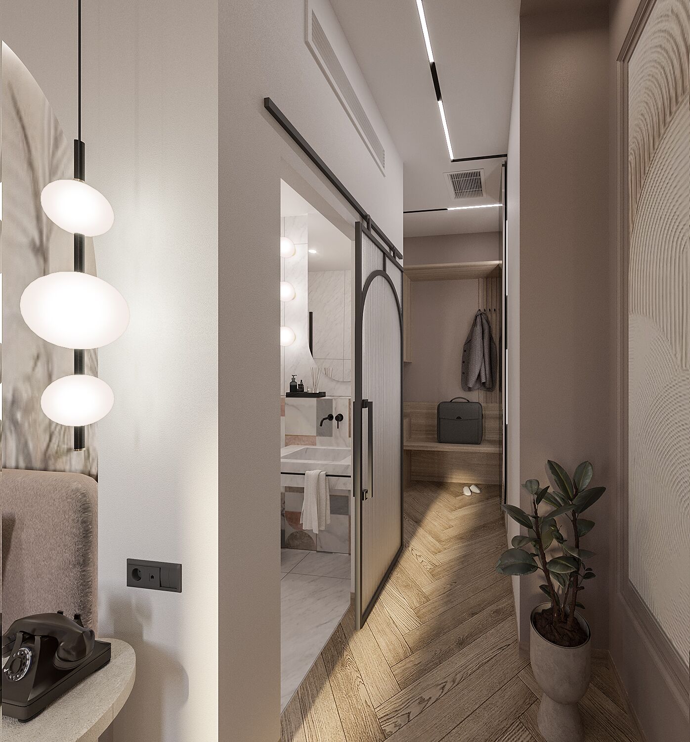 Uma casa de banho moderna com lavatório, espelho e porta-toalhas.