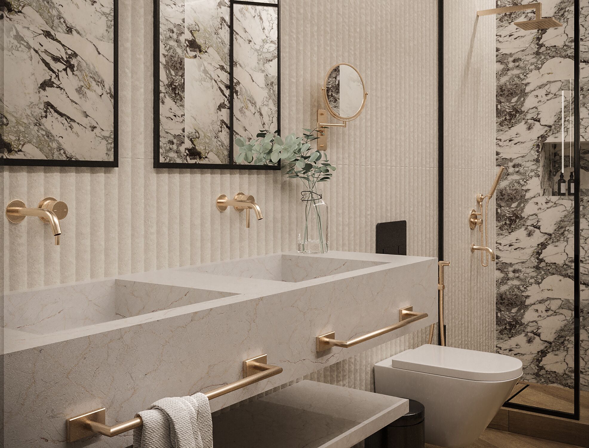 A modern bathroom with a dual sink vanity, a toilet, and a shower area.