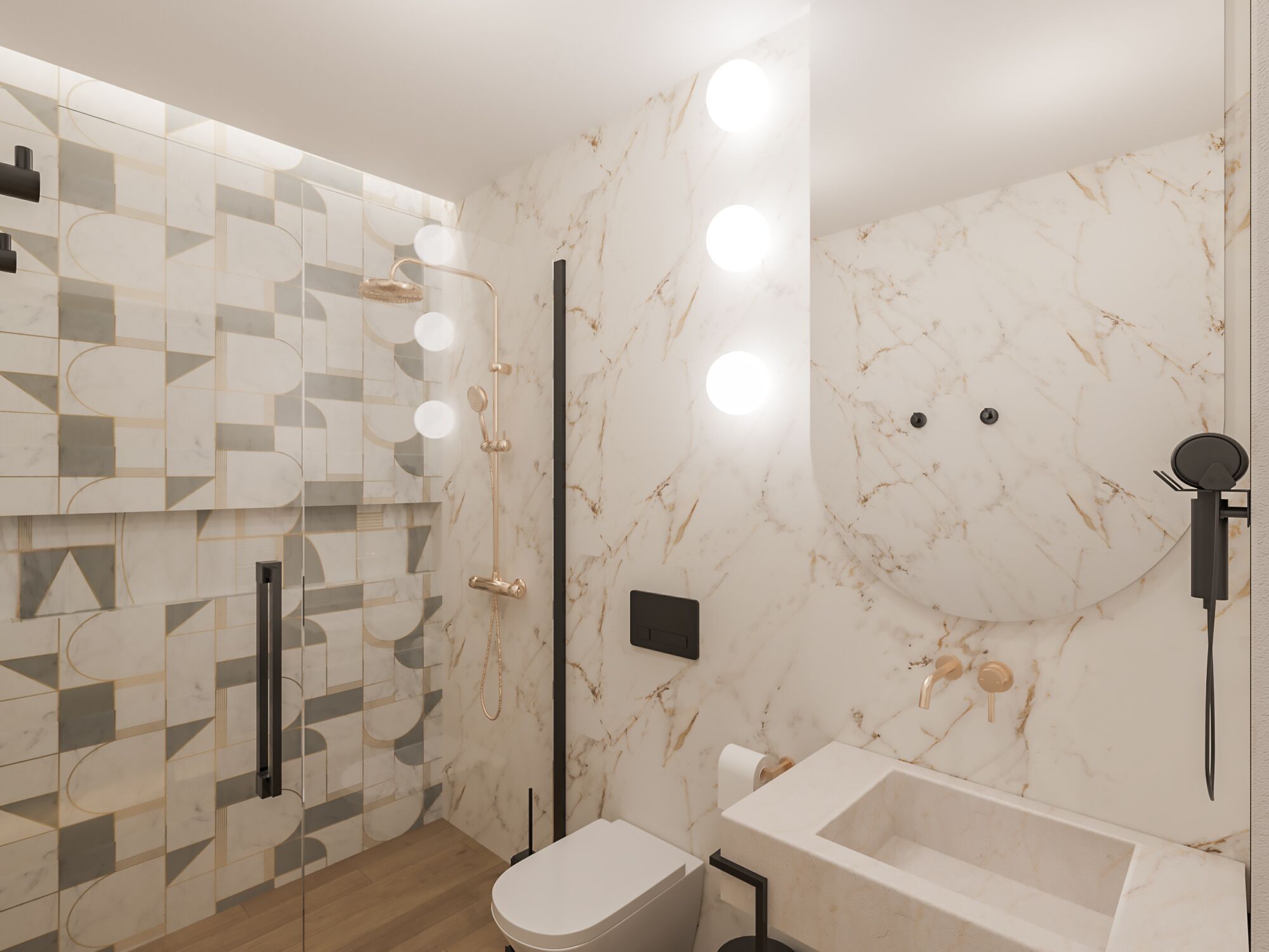 Ein modernes Badezimmer mit Marmorwand, einem geometrischen Fliesendesign, einer weißen Toilette und einer Badewanne.