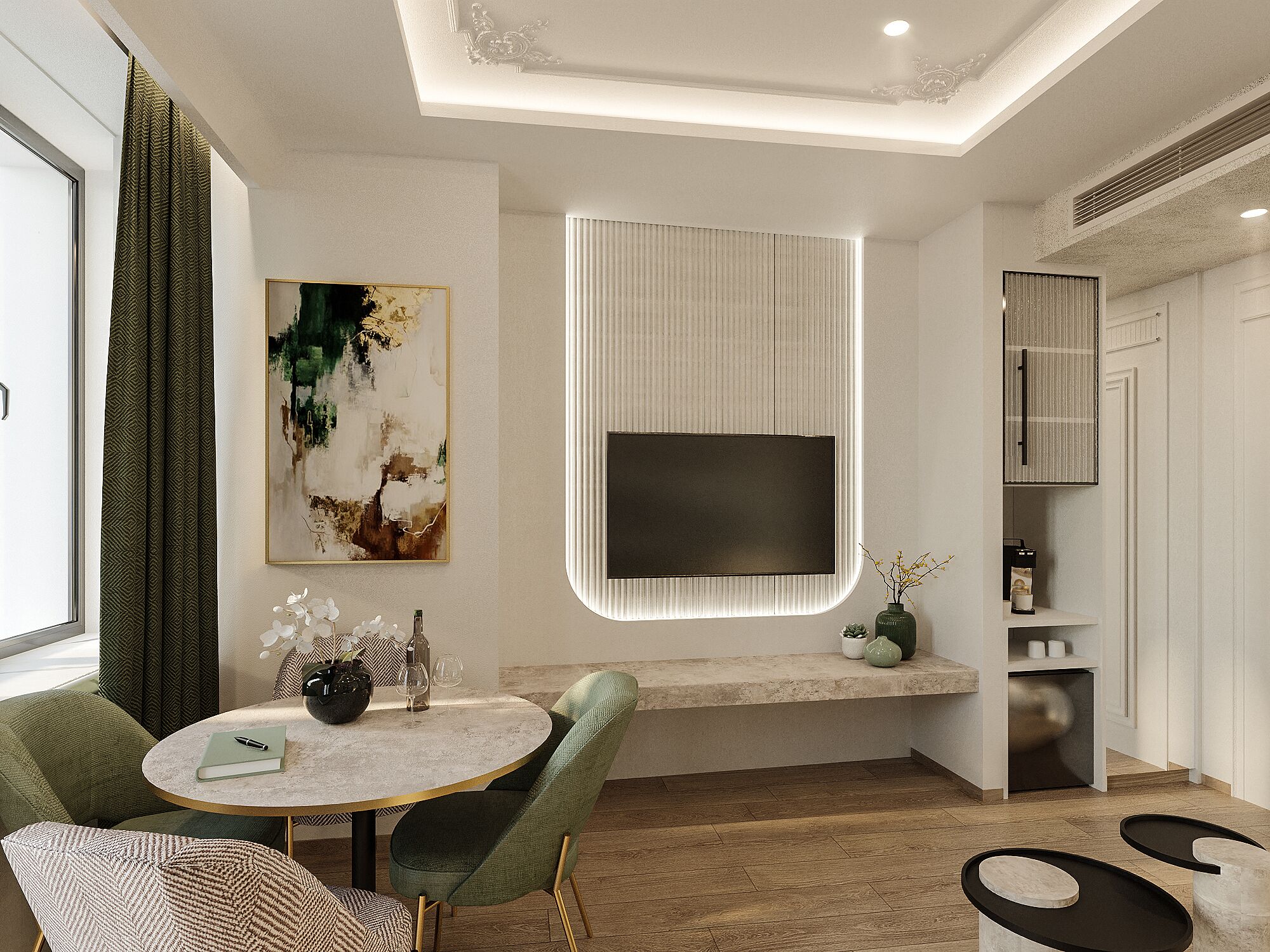 Un salon moderne avec une table ronde, deux chaises, un téléviseur fixé au mur et un tableau décoratif.