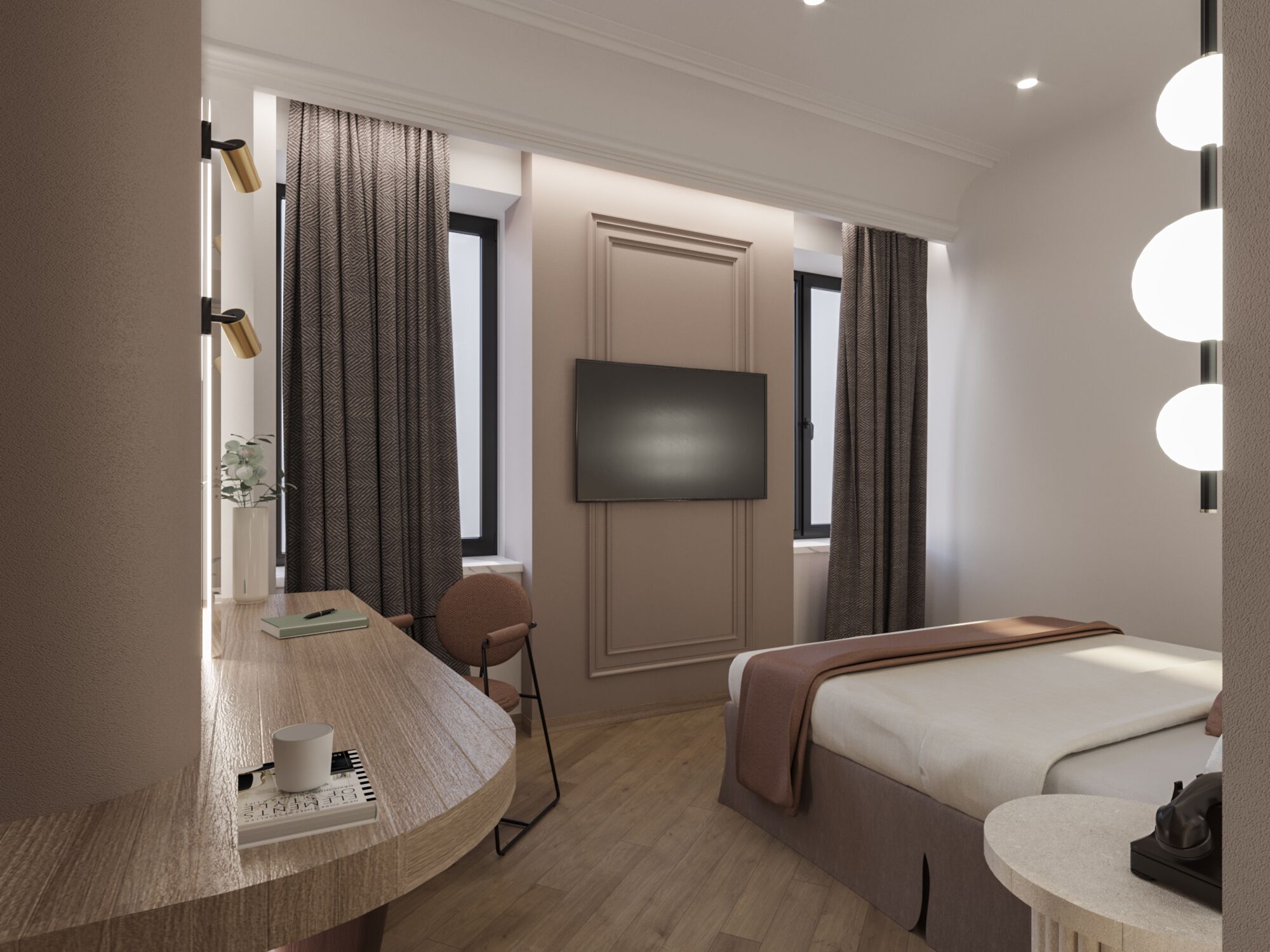 A modern hotel room with a curved desk, a bed, a TV, and a small table.