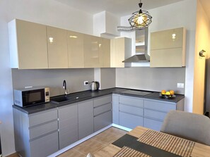 Fridge, electric kettle, cookware/dishes/utensils - Adriatic View Holiday Home 076 (Durres)