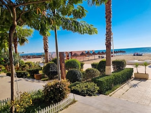 A beachside resort with palm trees, a white picket fence, and a clear view of the ocean.