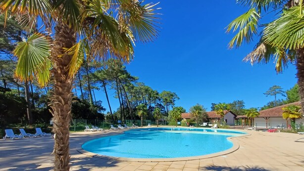 A swimming pool with lounge chairs and palm trees. - Cozy house for 6, terrace, residence with pool and parking near the beach (Ondres)