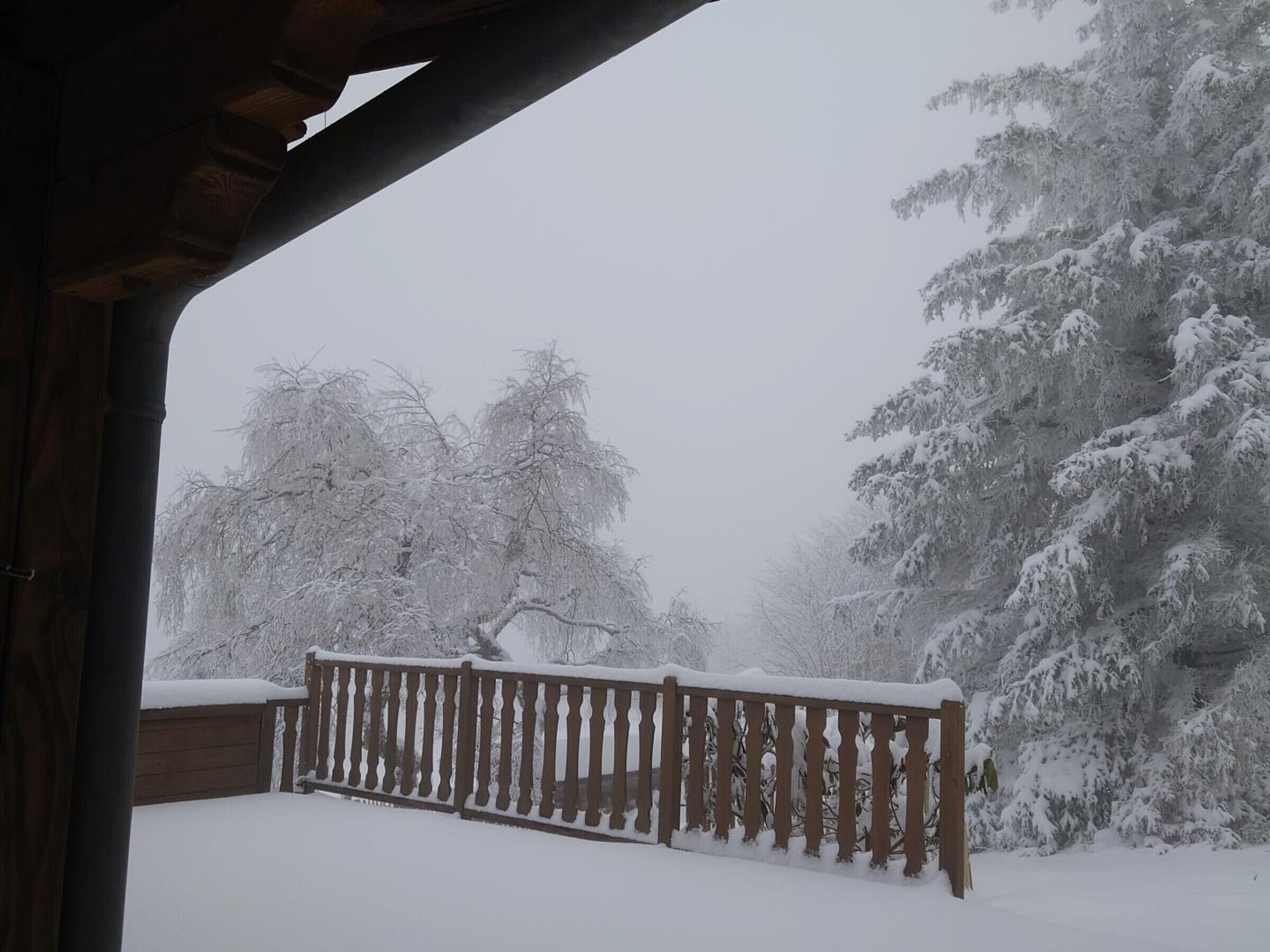 A wooden balcony with snow-covered railings, a view of snow-laden trees, and a wooden deck.