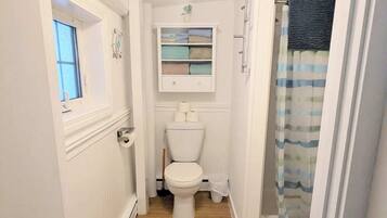 Shower, hair dryer, towels, toilet paper