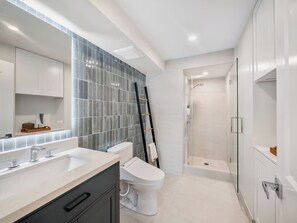 Regadera, secadora de cabello, bidet, toallas