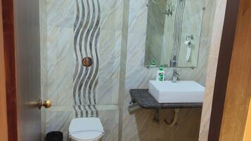 Shower, towels, soap, toilet paper