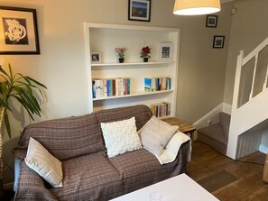 Smart TV, fireplace, books, video library