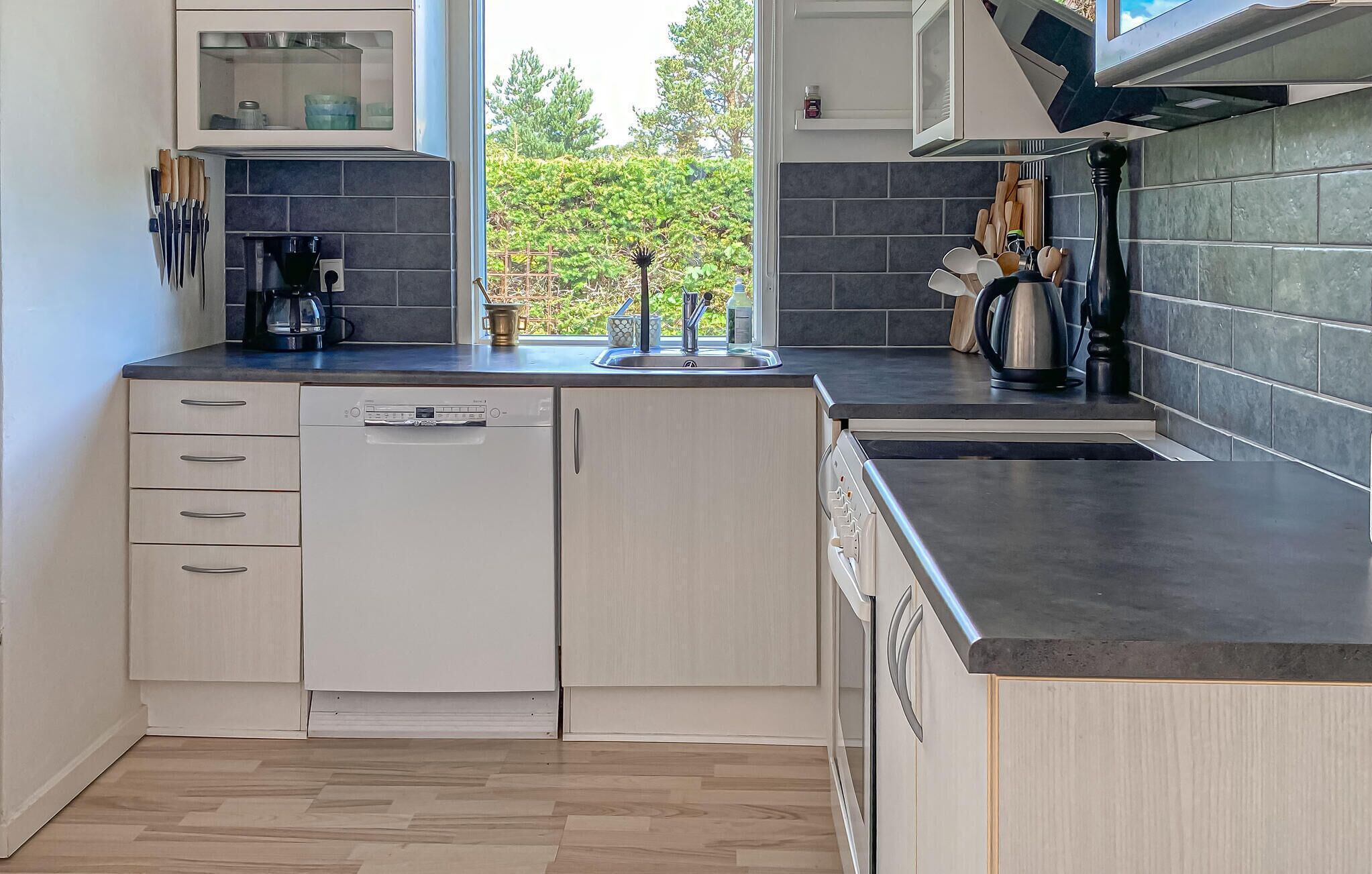 Fridge, stovetop, dishwasher, coffee/tea maker