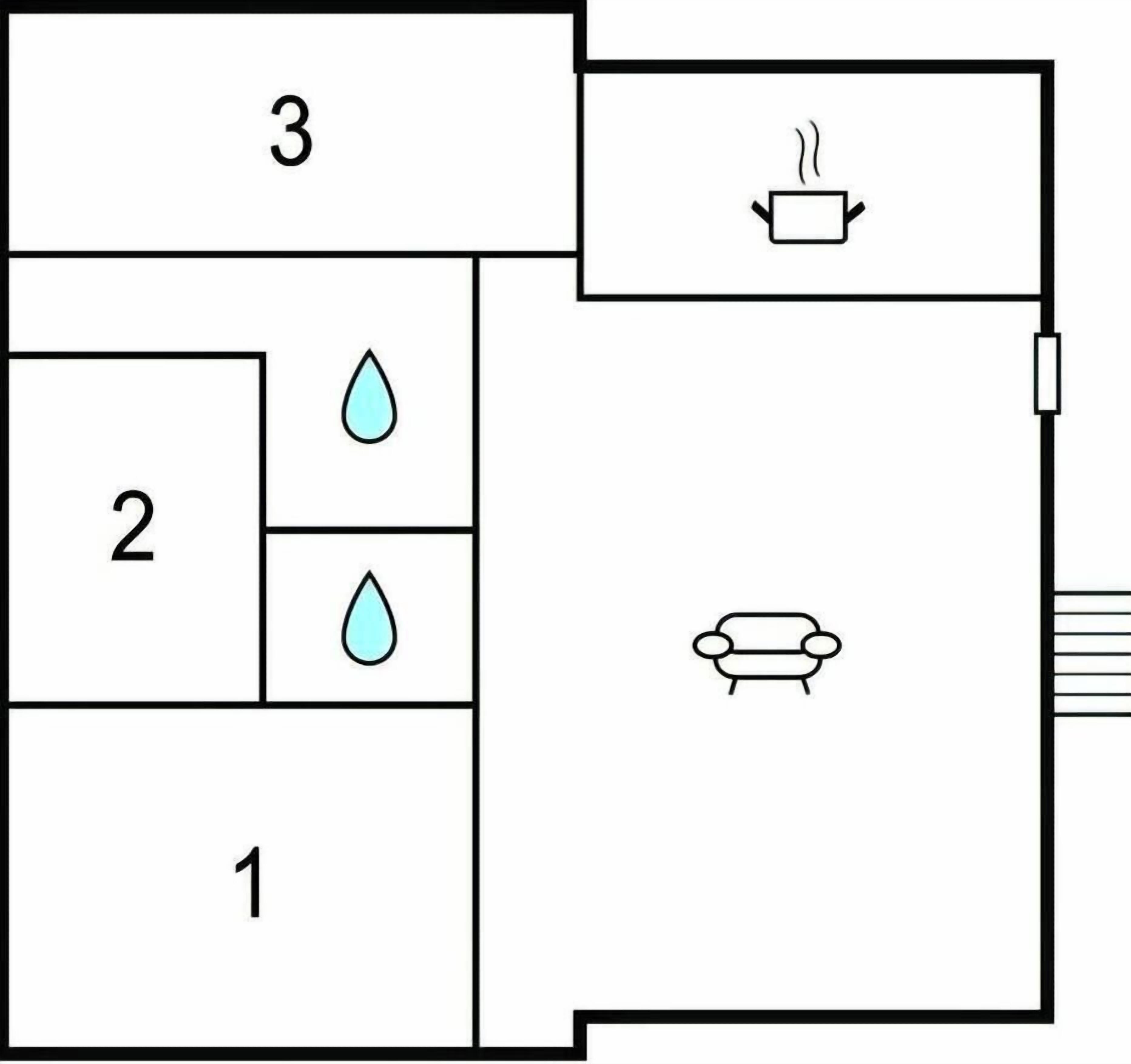 A floor plan with three numbered rooms, a kitchenette, and a sofa.
