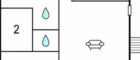 A floor plan with three numbered rooms, a kitchenette, and a sofa.