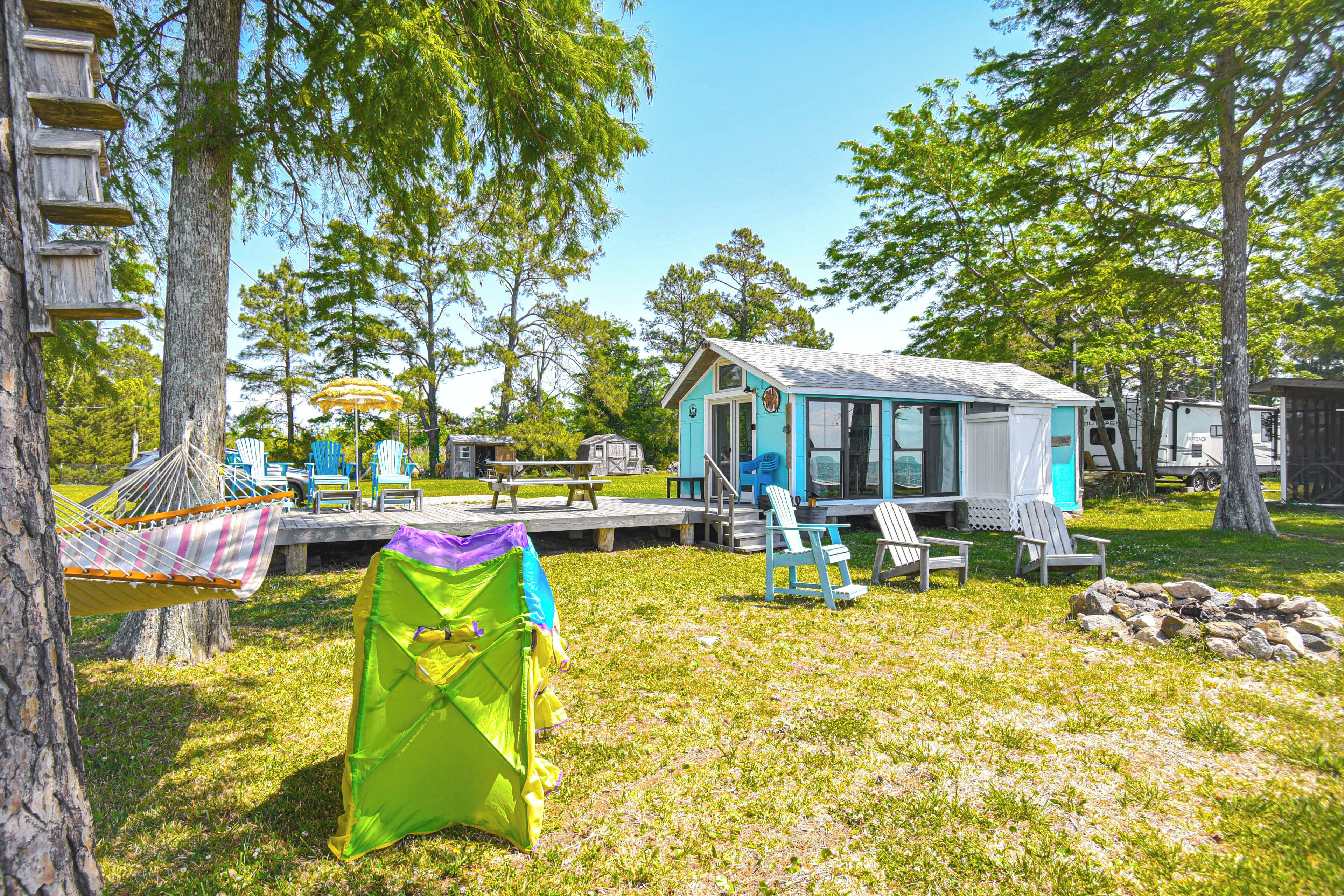 A campsite with a small blue cabin, picnic tables, and outdoor seating.