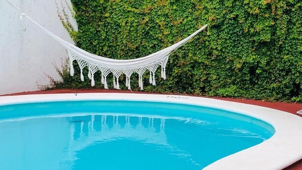 Una piscina con borde blanco, una hamaca blanca y un muro de seto verde.