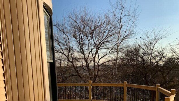 A wooden deck with a railing, a window, and leafless trees in the background.