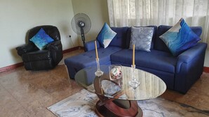 A living room with a blue sofa, a glass coffee table, and a black leather chair. - Charming 3-bedroom bungalow with WiFi, AC in delightful Roseau (Roseau)
