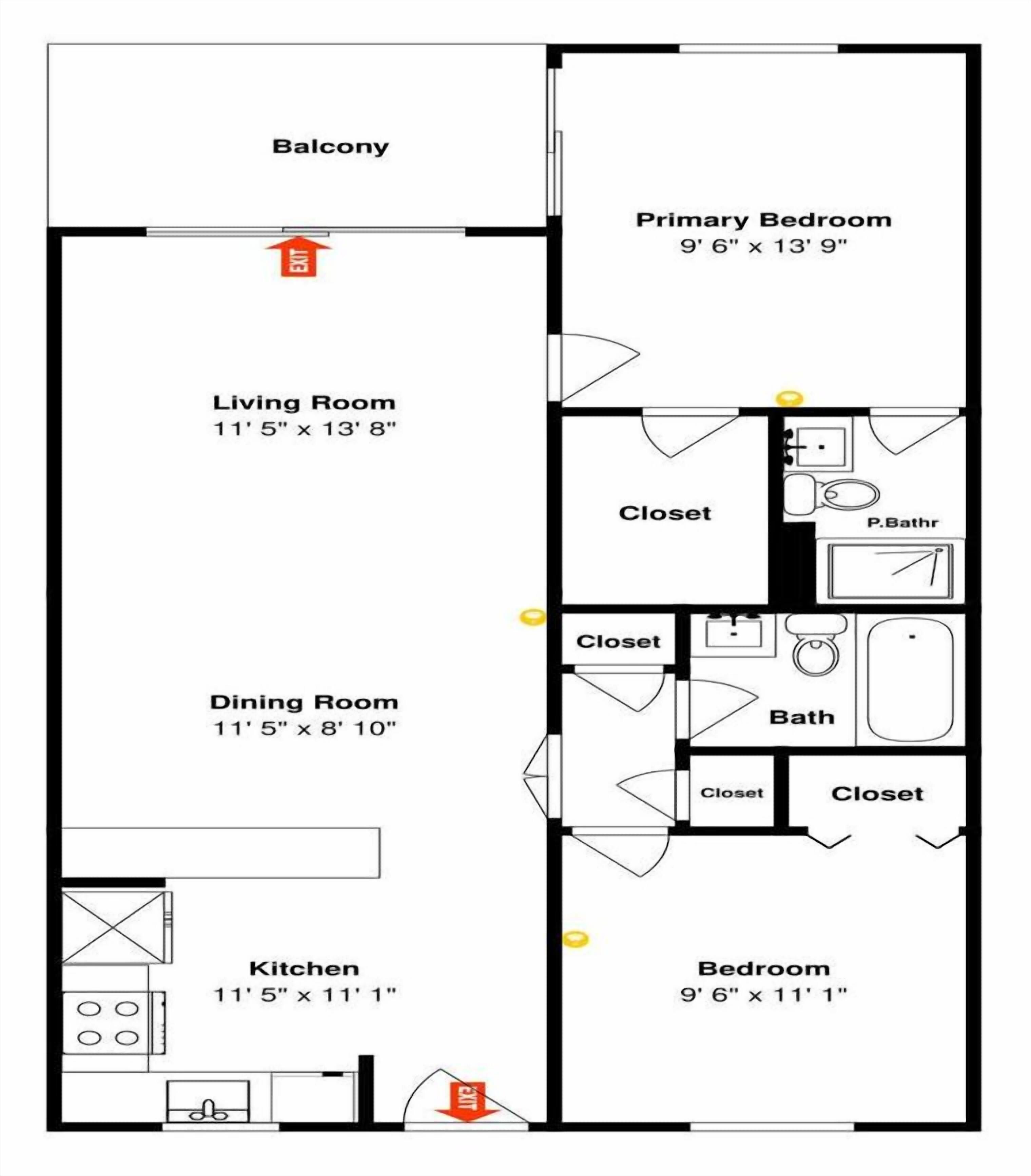 Un plan d’étage comprenant un balcon, une chambre principale, un salon, une salle à manger, une cuisine et deux placards.