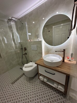 Douche, séchoir à cheveux, serviettes fournies, savon