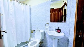 Shower, towels, soap, toilet paper