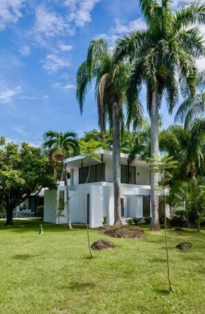 Situated amidst lush greenery, this two-story building features clean lines and large windows.