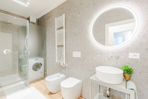 Shower, hair dryer, bidet, towels