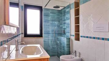 Shower, hair dryer, bidet, towels