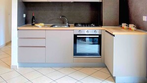 Una cocina compacta con horno empotrado, un lavamanos y una estufa.