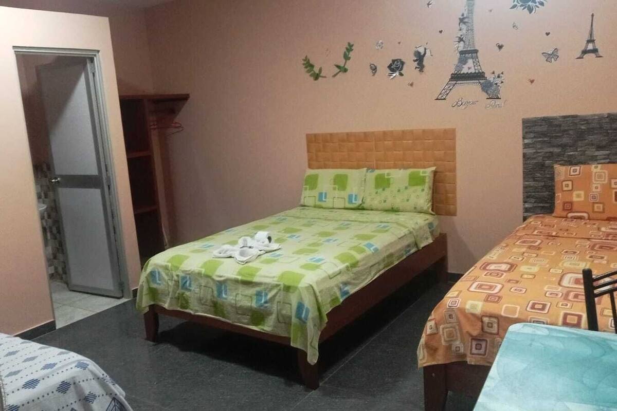 A bedroom with a bed, a chair, a fan, and a door.