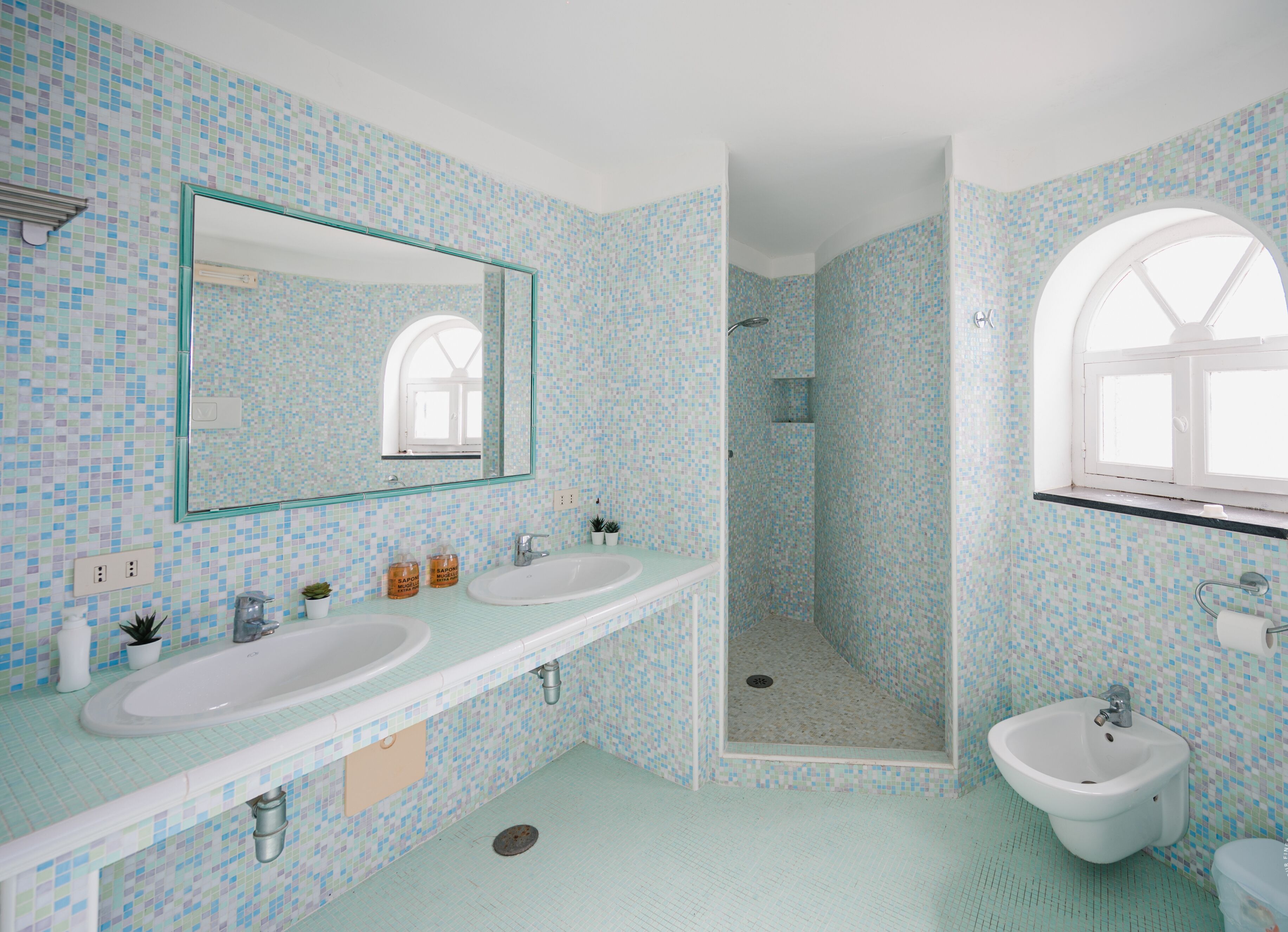 A bathroom with two sinks, a mirror, a shower, and a window.