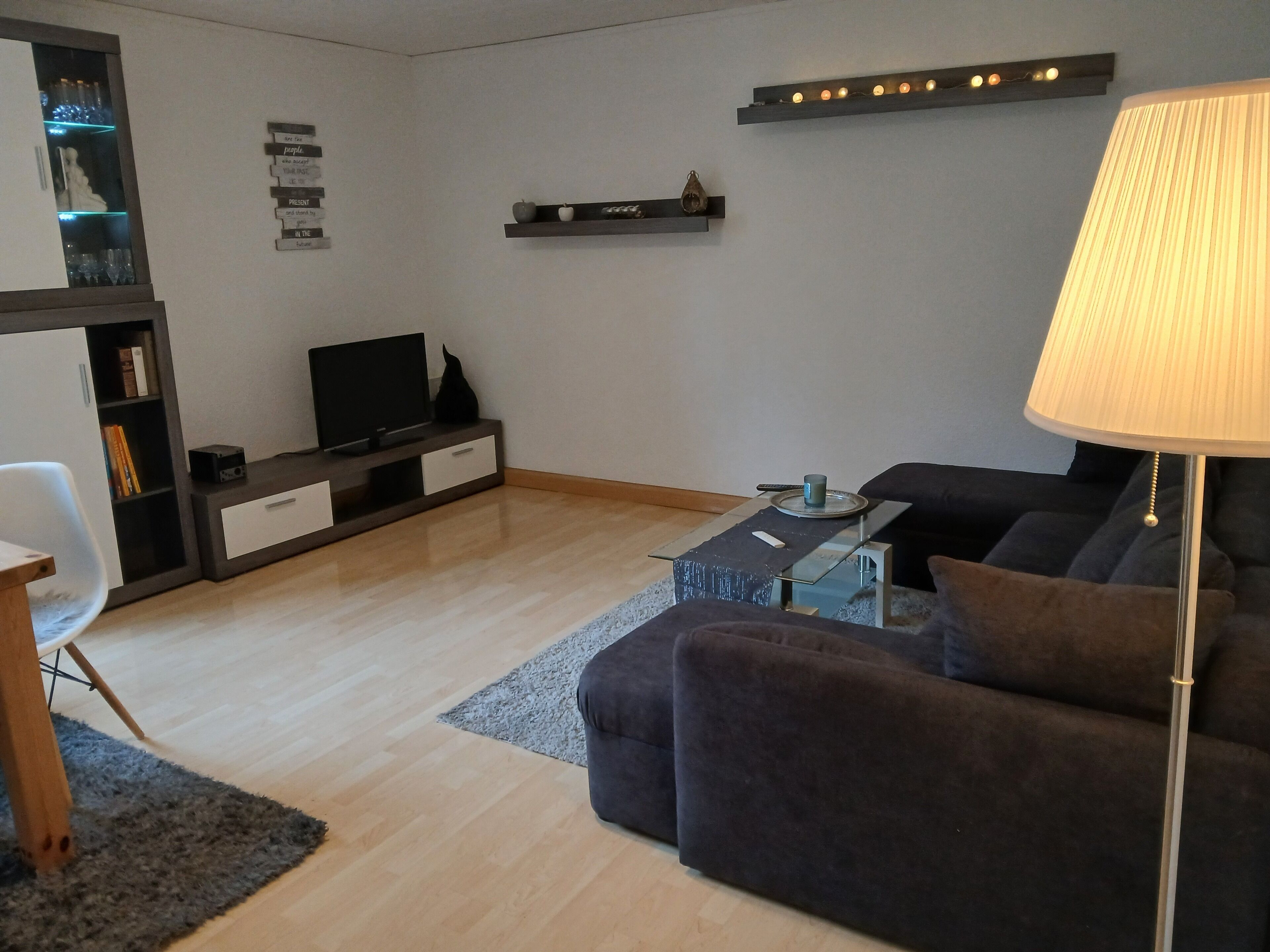 A modern living room with a dark sofa, a glass coffee table, a flat-screen TV on a wooden stand, a small side table with a lamp, and a bookshelf with decorative items.