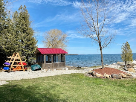 Beach nearby, sun-loungers. The Aframe Beach front cottage rental on Manitoulin Island