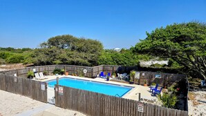 Un jardin avec une piscine, entouré d’une clôture en bois, et aménagé avec des chaises longues et des plantes en pot.
