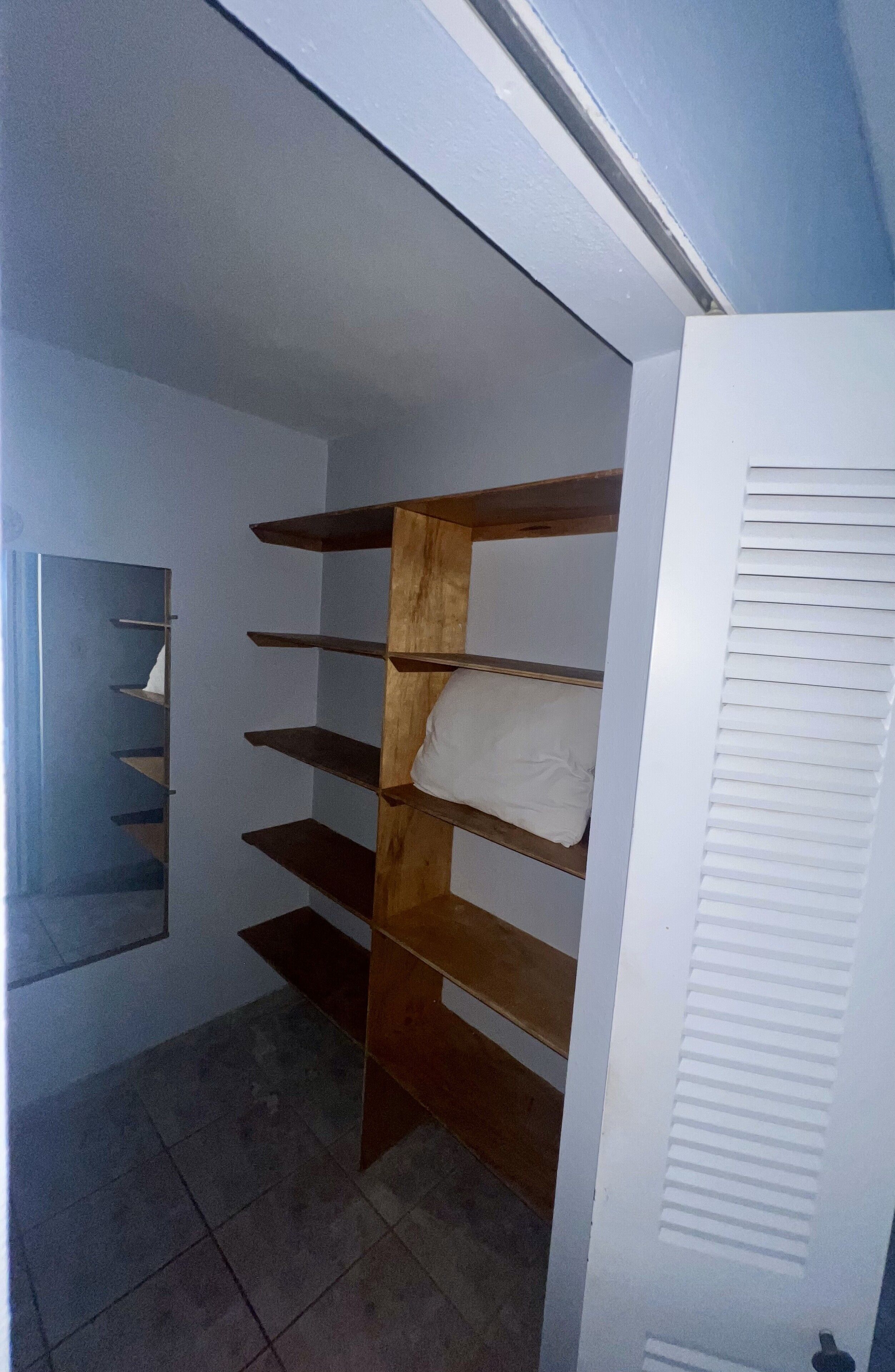 A closet with wooden shelves and a white door with louvered panels.