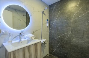 Hair dryer, towels, soap, toilet paper