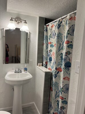Shower, hair dryer, towels, soap